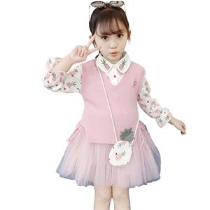 Girls Knitted Clothes Pineapple Pattern For Vest + Dress Tracksuit Autumn Winter Costumes Children 210527