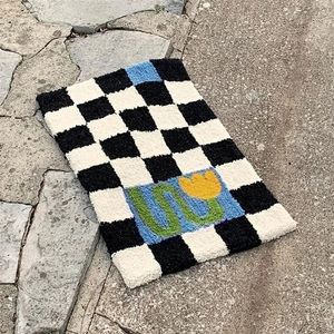 Fluffy grids badmatta mjuka blommor badrum matta vardagsrumsmattan ingångsdörr golvmatta anti slip pad estetiska heminredning 220301