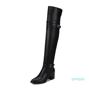 Wholesale-Boots Tuyoki Plus Size 34-48 Women Over The Knee Winter Warm Square Heels Shoes Woman Pointed Toe Pu Leather Long