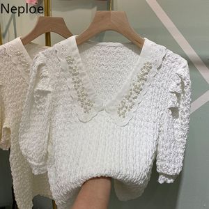 Neploe Blouse女性夏ブリューズ女性ピーターパン襟重ビーズシャツ韓国のファッションプリーツトップスホワイトブラウス210422