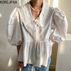 Korejpaa Kadınlar Gömlek Yaz Kore Chic Tüm Maç Bebek Yaka Dantel Dikiş Tek Göğüslü Pileli Gevşek Puf Kol Bluzlar 210526