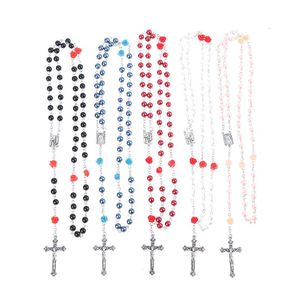 Hängsmycke Halsband Handgjorda Rund Glaspärla Katolska Rosary Kors Halsband Religiösa