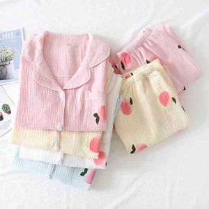 Свежая персиковая сладкая одежда для сна Памас весна Японская 100% хлопок с длинными рукавами ночная одежда для женщин пижама Домашняя одежда 210330