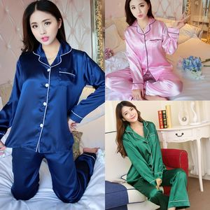 2021 Nowe damskie piżamy Zestaw imitacja jedwab Luksusowy szlachetny z długim rękawem Koszulka Nosić Home Wear Wiosna Jesień Nightwear Sleepwear Solid X0526