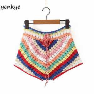 Multicolor Striped Knit Crochet Shorts Women Drawstring Waist Sexy Short Femme Holiday Summer Boho Short mujer spodenki damskie 210625