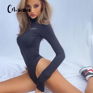 CNYISHE Mode Lucky Letter Print Turtleneck Bodysuit Jumpsuits Vinter Overaller Långärmad Skinny Romper Kvinnor Bodysuit 210728