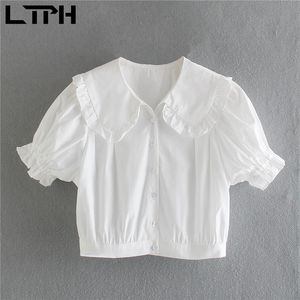 Francuski Vintage Peter Pan Collar White Shirt Kobiety Krótki Bluzka Rękaw Puff Single Breasted Bawełniane Cienkie Topy Lato 210427