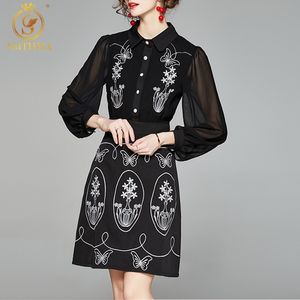 ファッションスプリング刺繍花ブラックドレス女性のエレガントなターンダウンカラーゴージャスなパッチワークミニVestidos 210520