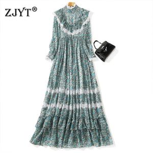 Kadın Bahar Moda Uzun Kollu Baskı Dantel Patchwork Maxi Pist Elbise Zarif Bayan Kat Uzunluk Tatil Parti Robe Vestidos 210601