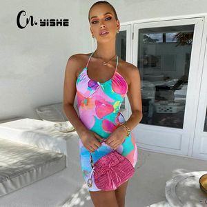 Cnyishe Sexy Halter V-образным вырезом Backbload Whirt HIP платье Женщины галстуки краситель печати повязка мини-платья женщин платье летние наряды Vestidos 210419