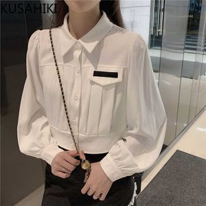 Białe krótkie bluzki kobiety rękaw puffowy skręć kołnierz koszulka wiosna elegancki koreański blusas feminimos 6F467 210603