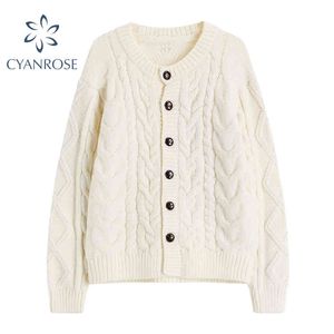 Twist Sweter Solid Cardigan Vintage O Neck Z Długim Rękawem Dzianiny Damskie Baggy Pojedyncze Koreańskie Koreańskie Ins Ol Kobiet Dzianiny Topy 210417