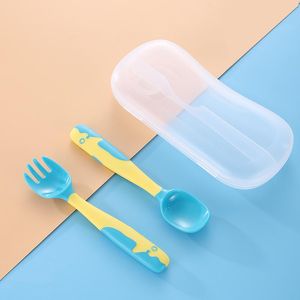 Flatware Sets Silicone Spoon For Baby Utensils Set Auxiliary Toddler Learn To Eat Training Bendable Soft Fork Infant With Storage Box