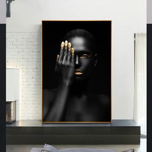 Sexy African Black Gold Woman Pictures Canvas Prints Decorative Painting Wall Art For Living Room Posters NO FRAME