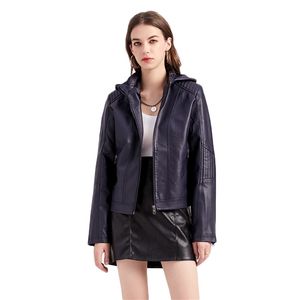 Faux Läderjacka Kvinnor Höst Vinter Mode Hooded Avtagbar Zip Slim OuterWear Plus Cashmere Loose Pu Coat Kvinna LR1339 210531