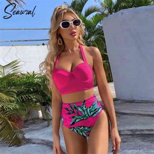 Push Up Sexy Bikini Установите высокие талии Купальники Женщины Купальник Женский купальный костюм Купальник для печать листьев Печать Beachwear Beachwear Biquini 210712