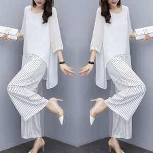 Chiffon Pantsuits Women Pant Suits For Mother of the Bride Outfit Formal Wedding Guest Striped Wide Leg Loose 3 Piece Sets 210522