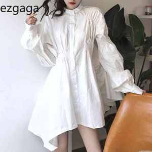 Ezgaga Streetwear Spring Fashion Oregular Mini Dress Kvinnor Solid Single Breasted Loose Korean Fashion Dresses Vestidos 210430