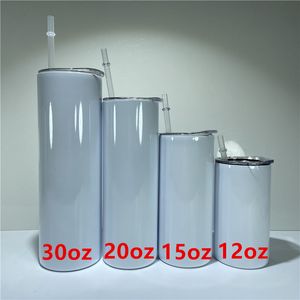 30oz 20oz 15oz 12oz Sublimering Skinny Raka Tumblers Vita tomma rostfria vattenflaskor Dubbelisolerade värmeöverföringskoppar Glasögon Muggar A12