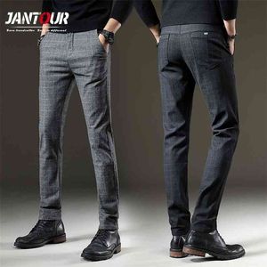 Бренд мужские брюки плед повседневные эластичные длинные брюки хлопок серый черный синий тощий рабочие брюки для мужской классической одежды jogging 210715
