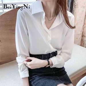 Moda Gömlek Bayan Düz Şifon V Yaka Gevşek Bluzlar Blusas Kadın Kore Ofis Bayanlar Tops Artı Boyutu Bluz 210506