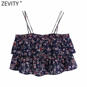 Kvinnor Tropiska Blomstryck Cascading Ruffles Sling Short Smock Blus Kvinna Spaghetti Strap Tröja Chic Crop Tops LS9242 210416