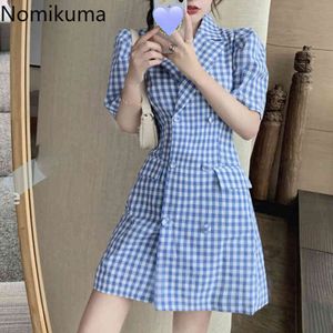 Nomikuma Plaid Blazer Dress Women Notched Collar Short Sleeve Slim Waist Mini Dresses Elegant Fashion Vestidos Mujer 210514