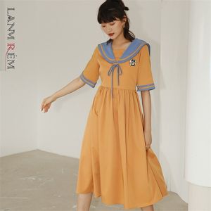 Women Summer Orange Dress Sailor Collar Short Sleeve Large Size Fit Lady Fashion Arrivals 2H074 210526