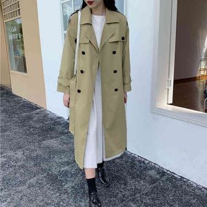 Koreansk stil Lös överdimensionerad Lång Kvinnors Trench Coat Double-Breasted Belted Lady Cloak Windbreaker Spring Ytterkläder grå 771i 210420