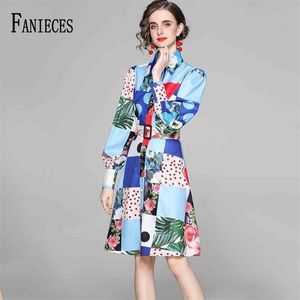 Primavera Autunno Fashion Runway Shirt Dress Donna Manica lunga Stampa floreale Abiti Casual Office Lady Work Sashes Midi Vestidos 210520