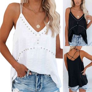 Summer Cross Top Women Tunn Shoulder Strap Down Fashion V-Neck Sleevelsolid Färg Rhinestone T Shirt Kvinnlig Kläder X0507