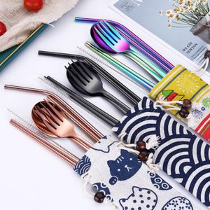 Dinnerware Sets 304 Stainless Steel Creative Fashion Straw Chopsticks And Fork Spoon Set Of 7 Tableware For Home Party Travel