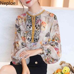 Neploe Vintage Blusas Mujer Print Chiffon Shirt Spring Loose Tops Stand Neck Lantern Long Sleeve Shirt Fashion Blouses Women 210422