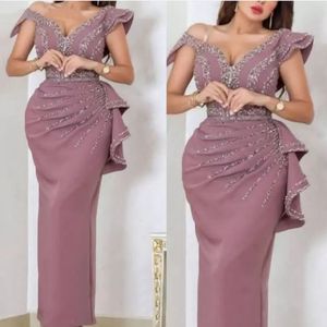 Elegant Beaded V Neck Straight Formal Evening Dresses Dusty Purple Long Moroccan Caftan Crystals Sequins Beading Prom Party Gowns Ankle Length Reception Dress