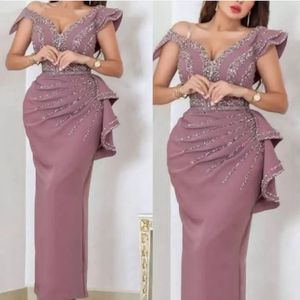 Elegant Beaded V Hals Straight Formal Afton Klänningar Dammig Lila Lång Marockansk Caftan Kristaller Sequins Beading Prom Party Gowns Ankel Längd Reception Dress