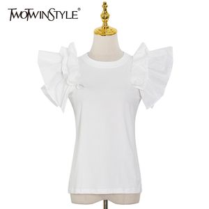 Elegant White Shirts For Women O Neck Short Sleeve Casual Slim Patchwork Ruffle Blouses Female Clothing Summer 210524