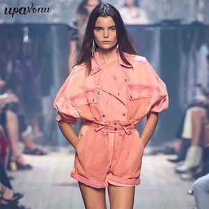 Free Women Pink Denim Set Lapel Collar Bat Sleeve Jacket & High Waist Shorts Ladies Two-piece Casual 210524