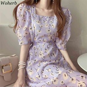 Lato Szyfonowa sukienka Kwiatowa Damska Elegancka Kwadratowa szyja Krótki Rękaw Westidos Koreański Chic Lace-Up Slim Waist Damski Dresses 210519