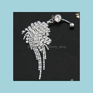 Wholesale trendy body jewelry resale online - Bell Rings Body Jewelry Jewelry Trendy Stainless Steel Rhinestone Tassel Chain Dangle Navel Belly Button Ring Bar Crystal Peach Feather Pi
