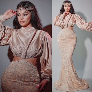 2022 Plus Storlek Arabisk Aso Ebi Champagne Lyxiga Sexiga Prom Klänningar Lace Beaded Evening Formell Party Andra receptionen klänningar klänning zj220