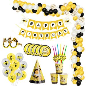 Pszczoła Urodziny Dekory Dyspozycyjne Zestaw Naczynia Stołowe Yellow Black Polka Dot Balloons Dzieci Baby Shower Dostaw Dekoracji