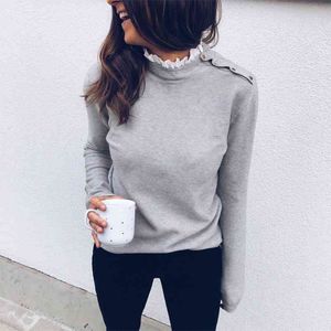 Lace Patchwork Ruffles O Neck Shoulder Buckle Elegant Pullover Autumn Winter Knit Sweater Women Grey White Casual Tops Female 210507