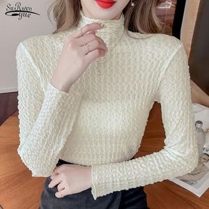 Kvinnors Blusar T-shirts 2021 Höst Elegant Casual Toppar Turtleneck Hollow Lace Långärmad Blus Svart Vit Sexig Mesh Stretch Slim Bottom