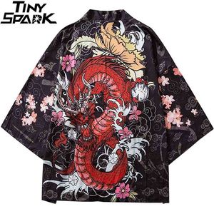 Hip Hop Men Streetwear Jacket Chinese Fire Dragon Print Harajuku Kimono Japanese Summer Short Thin Gown Japan Style 210811