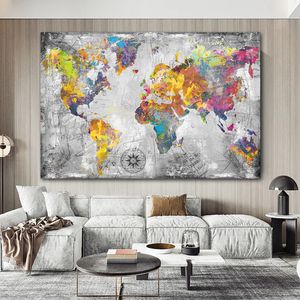 Mapa do mundo vintage Pôsteres Impressões retrô abstratas Pintura de lona Decorações interiores de parede de parede para sala de estar Decoração de casa