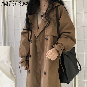 Matakawa outono retro lapela preta trincheira casaco de breasted tie breasted cintura capa solta slow sleeve windbreaker jaqueta mulheres 210513