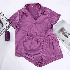 Hiloc Solid Satin Nachtwäsche Seide Pamas Top und Shorts Zweiteiliges Set Pyjamas Frauen Pama Kurzarm Home Anzug Casual 210326