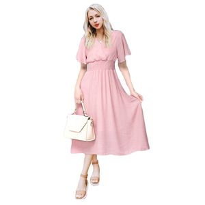 Sukienka dla kobiet Lato Moda Elegancka Plus Size Solid Color Krótki rękaw V-Neck Szyfon Długie Suknie Kobiet LR1117 210531