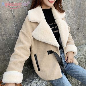 AELEGANTMISファッション厚い暖かい毛皮のコート女性秋冬レザージャケットの毛皮のようなテディ女性の緩い特大オーバーコート210607