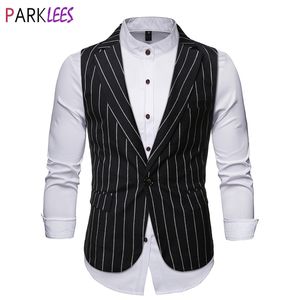 Männer Vertikal Gestreifte One Button Kleid Weste Slim Fit Ärmellose Smoking Westen Weste Männer Formale Business Smart Gilet Homme 210522